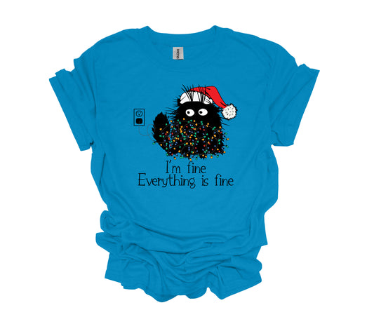 Christmas Design, I'm Fine Everything Is Fine, Black Cat And Christmas Lights, Unisex Shirt