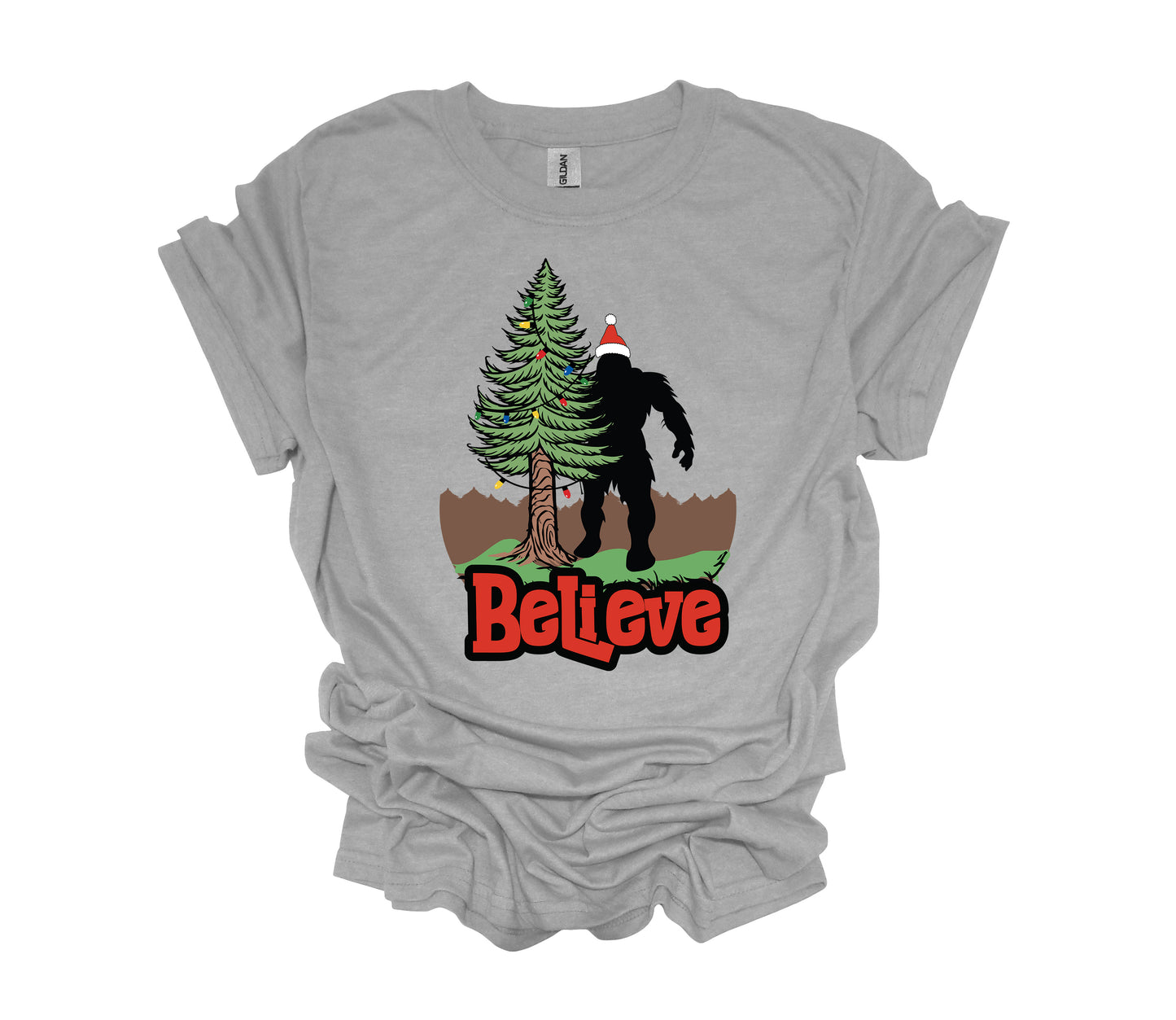 Christmas Design, Believe, Sasquatch With Santa Hat, Bigfoot Santa, Unisex Shirt