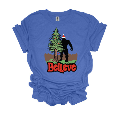 Christmas Design, Believe, Sasquatch With Santa Hat, Bigfoot Santa, Unisex Shirt