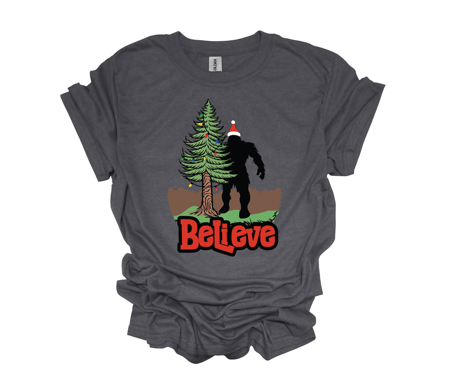 Christmas Design, Believe, Sasquatch With Santa Hat, Bigfoot Santa, Unisex Shirt