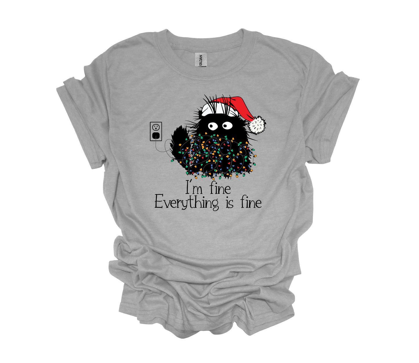 Christmas Design, I'm Fine Everything Is Fine, Black Cat And Christmas Lights, Unisex Shirt