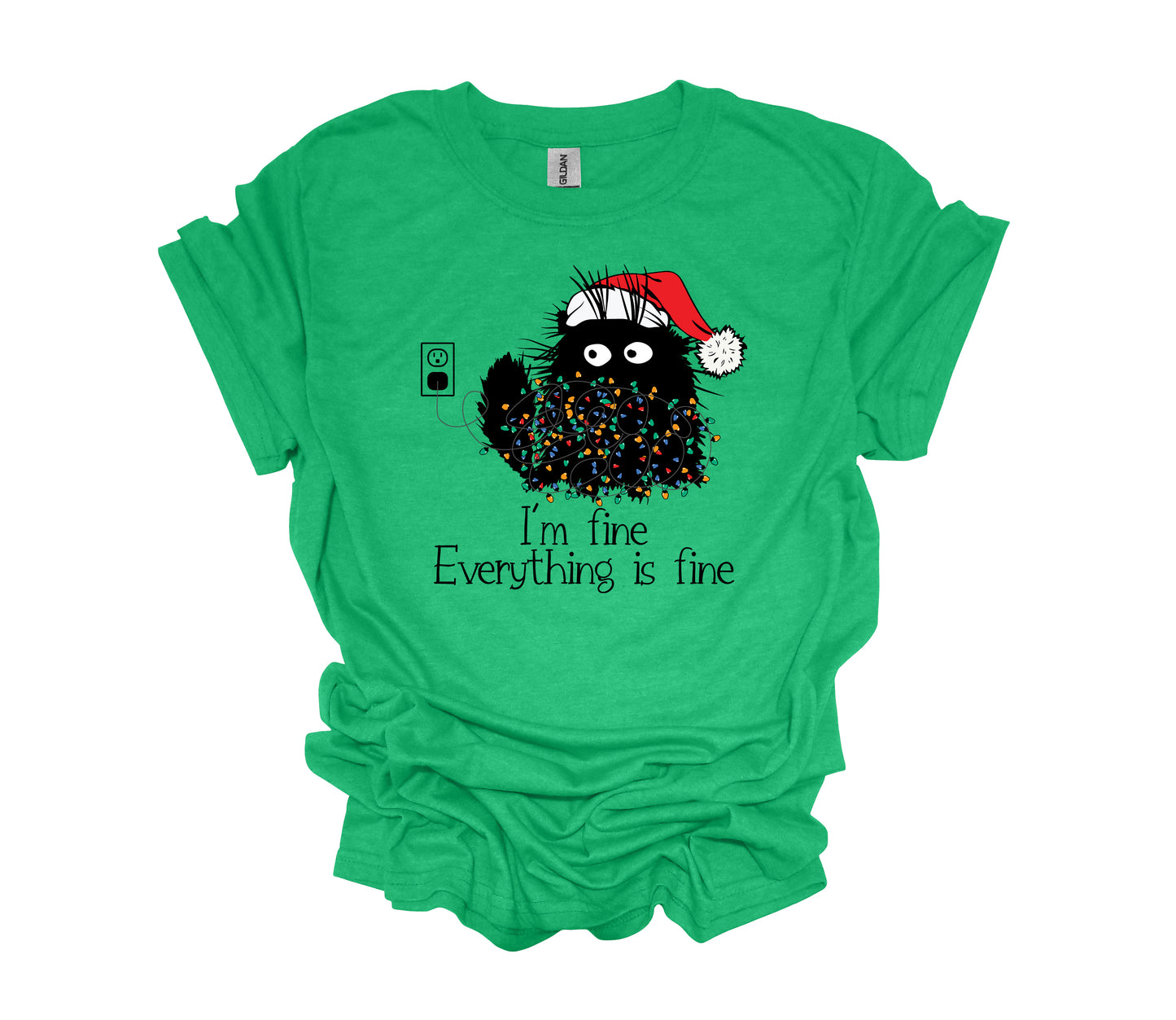 Christmas Design, I'm Fine Everything Is Fine, Black Cat And Christmas Lights, Unisex Shirt